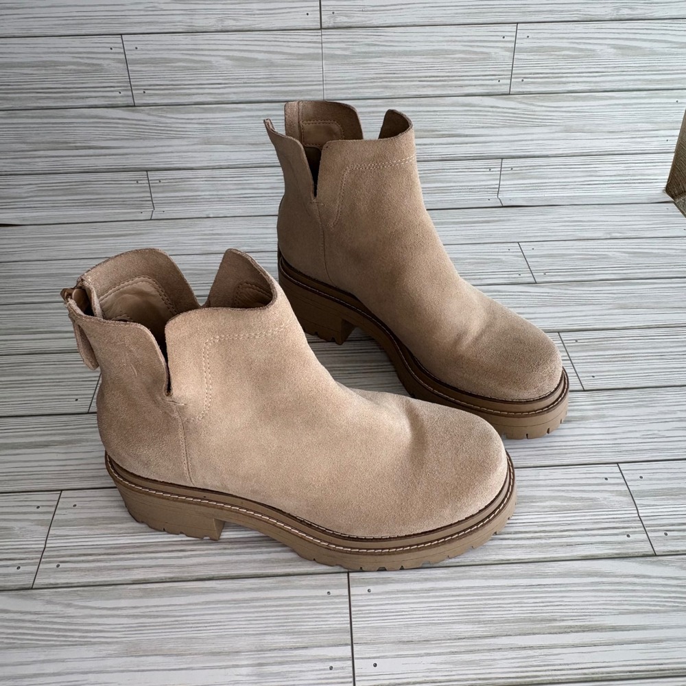 Gianni Bini Womens Tan Suede Lug Sole Ankle Boots Back Zip Block Heel Size 8M